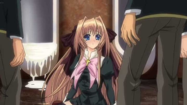 【エロアニメ】「違うんです!お、おトイレ掃除を..」男子トイレの小便器をザーメンでいっぱいに汚しておいて苦しい言い訳をしてくるするお嬢様(笑)