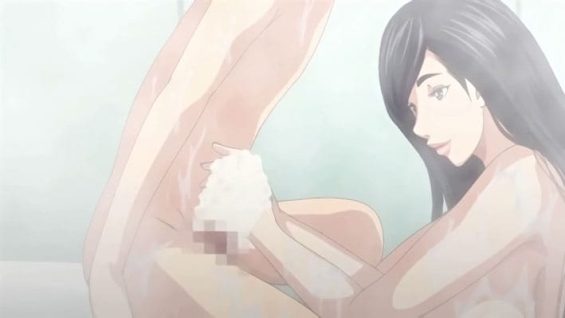 【エロアニメ】これは夢…？雨の日に訪れた友達の家で、爆乳のお母さんと混浴。包茎チンポを優しく扱かれ、熟れた体にのしかかられて♥