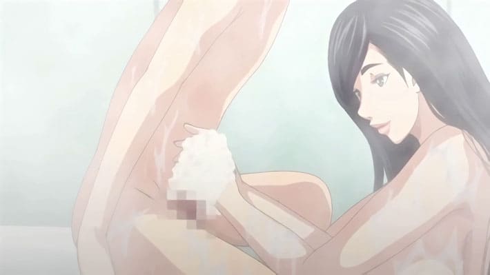 【エロアニメ】これは夢…？雨の日に訪れた友達の家で、爆乳のお母さんと混浴。包茎チンポを優しく扱かれ、熟れた体にのしかかられて♥