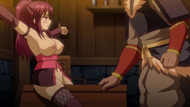 【エロアニメ】幕府最強のくノ一が屋敷潜入に失敗し両腕吊り上げ拘束のまま媚薬責め＆三角木馬で秘部をグチョグチョにされイキ狂う！