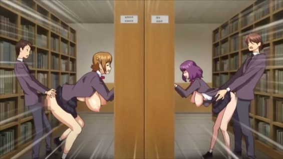 【エロアニメ】本棚の向こう側ではカップルが愛を確かめ合い、こちら側では委員長JKがアナニーを告白男子の勢いに負けて激しいセックス！