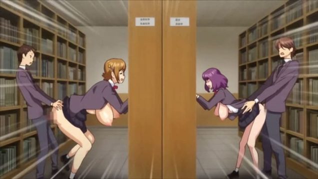 【エロアニメ】本棚の向こう側ではカップルが愛を確かめ合い、こちら側では委員長JKがアナニーを告白男子の勢いに負けて激しいセックス！