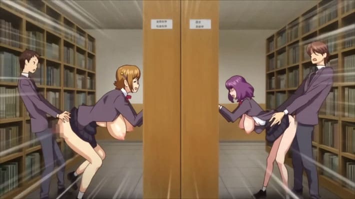 【エロアニメ】本棚の向こう側ではカップルが愛を確かめ合い、こちら側では委員長JKがアナニーを告白男子の勢いに負けて激しいセックス！